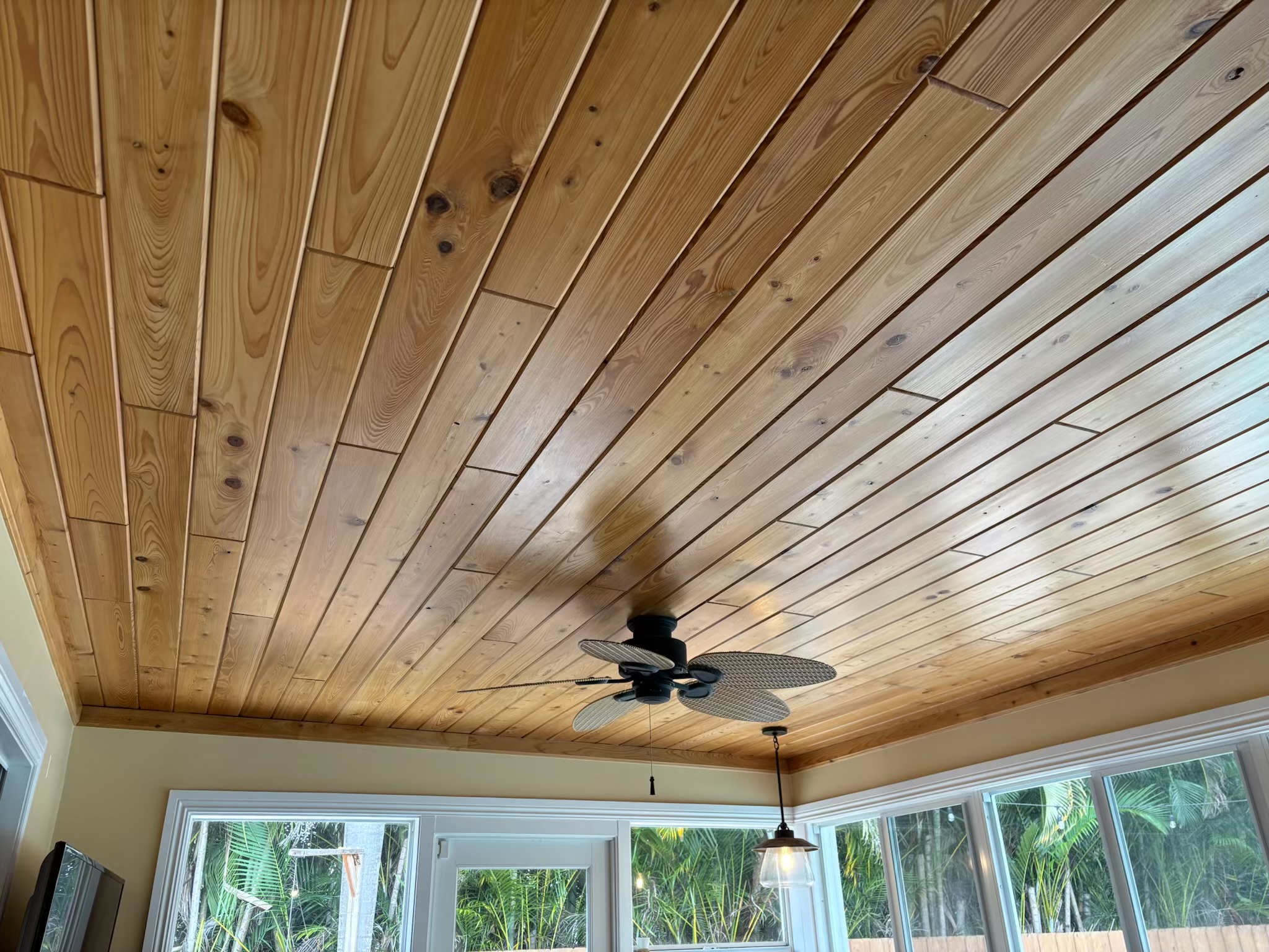 Finished stained wood ceiling